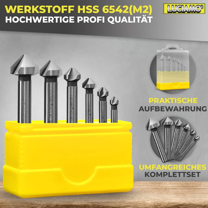 6 Stück 90° Profi Senker Set HSS M2 (6542) - für Holz, Metall und Kunststoff - ein Muss für jeden We