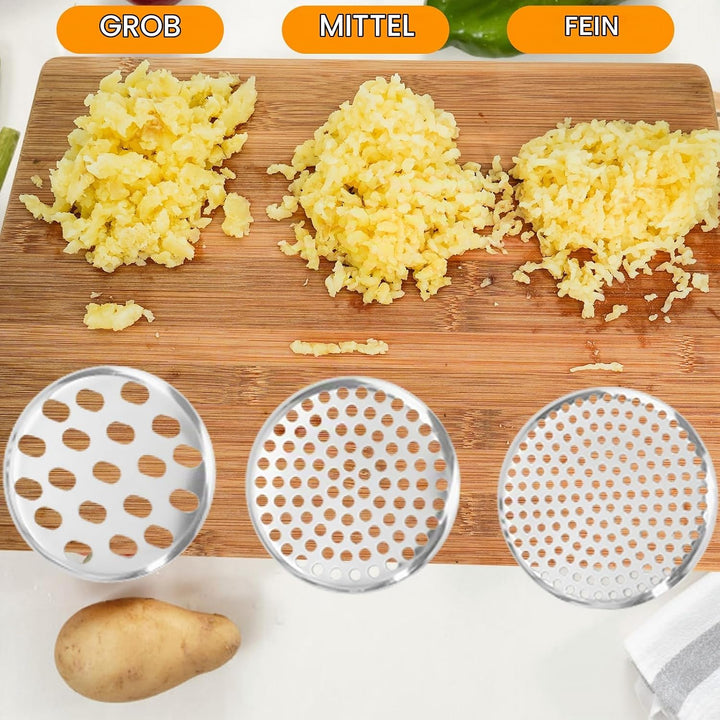 Kartoffelpresse 15oz, robuster Kartoffelstampfer aus Edelstahl mit 3 austauschbaren Scheiben, grosse