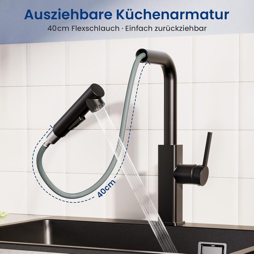 CECIPA Wasserhahn Küche Schwarz Ausziehbar, Küchenarmatur mit Brause Ausziehbar, Mischbatterie küche