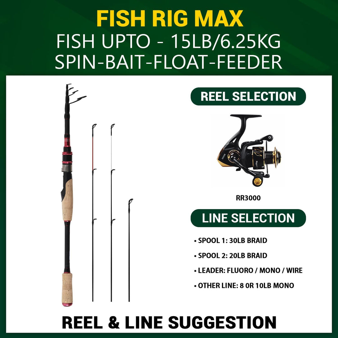 Rigged and Ready Fish Rig Max Tele Angelrute Die einzige Spin-Baitcast Teleskoprute der Welt 240 & 2