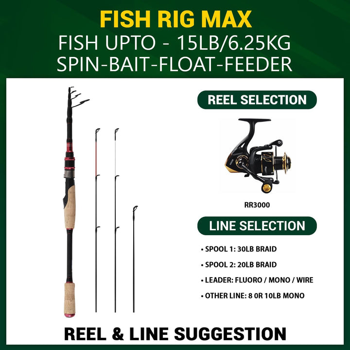 Rigged and Ready Fish Rig Max Tele Angelrute Die einzige Spin-Baitcast Teleskoprute der Welt 240 & 2
