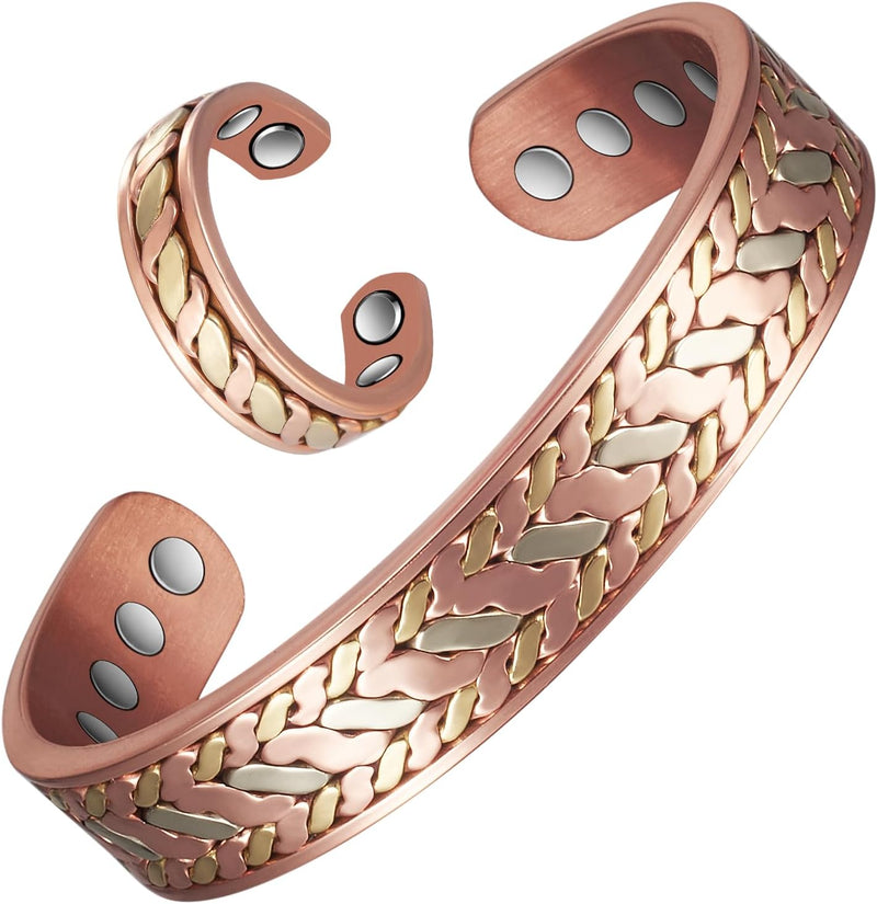 Magnetisches massives Kupfer-Schmuck-Set, Armbänder und Ringe, 8 und 4 Magnete, inklusive Geschenkbe