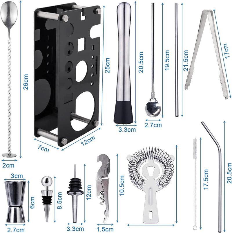 Tonsooze Cocktail Set, 18 Stück Edelstahl Cocktail Zubehör Mix Set, Cocktail Shaker, Party Essential