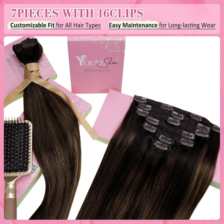 YoungSee 120g Clip in Extensions Echthaar Ombre 35 cm Echthaar Extensions Clip Braun Echthaar Clip i