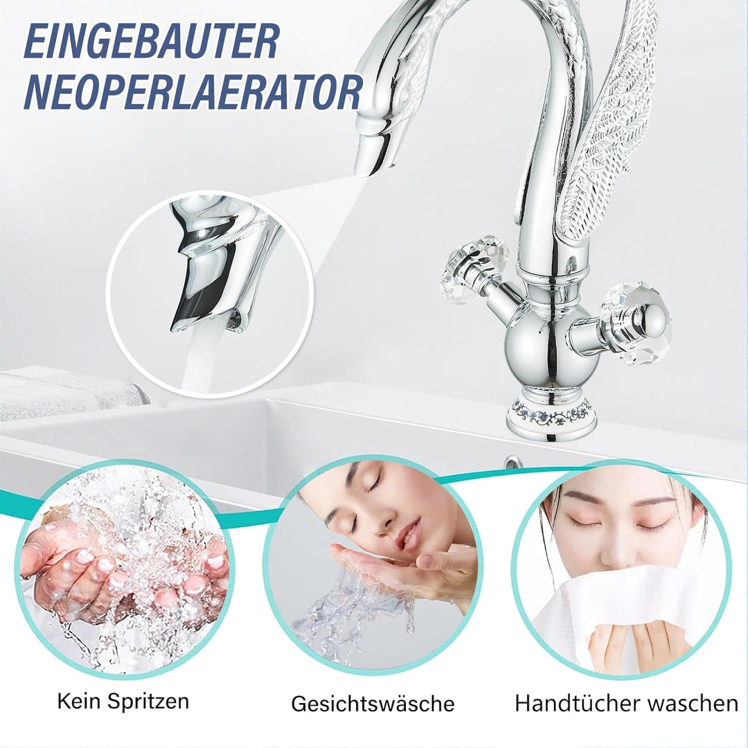 Wasserhahn Bad Waschtischarmatur Schwanenform Kristallgriffe Hoch Waschtischarmatur 360° Schwenkbar