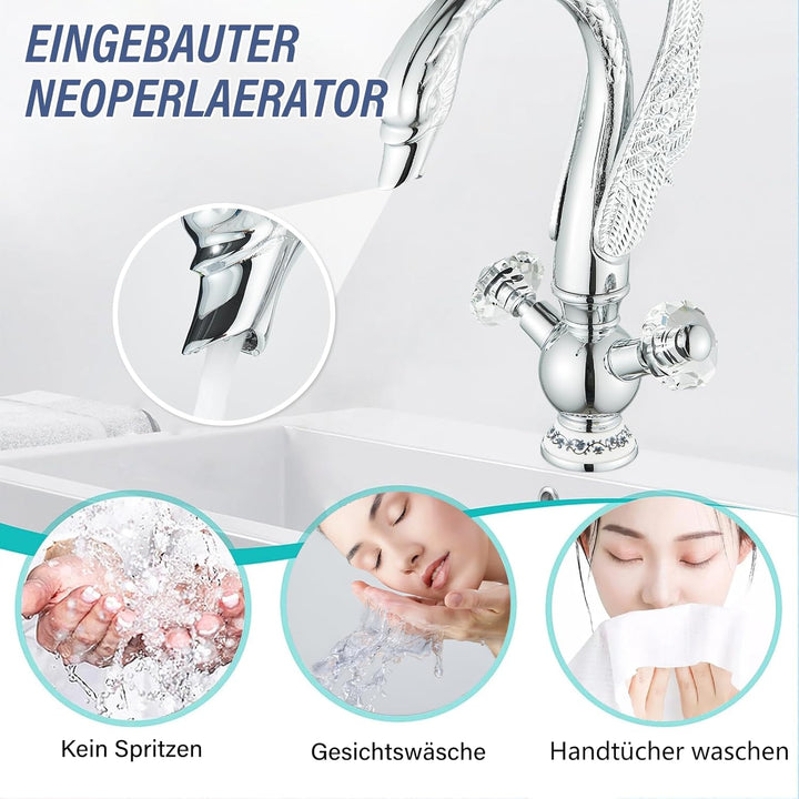 Wasserhahn Bad Waschtischarmatur Schwanenform Kristallgriffe Hoch Waschtischarmatur 360° Schwenkbar