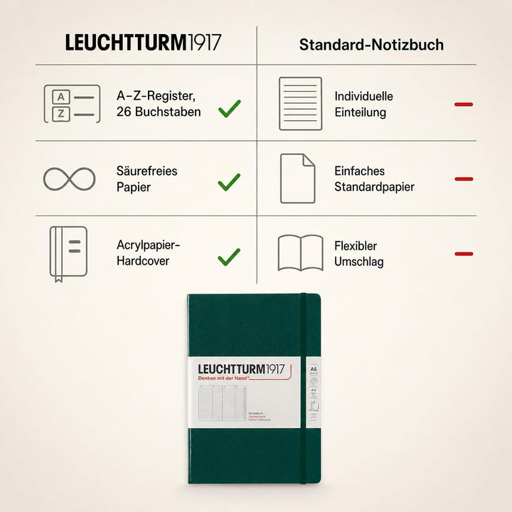 LEUCHTTURM1917 370360 Adressbuch Medium (A5), Hardcover, Forest Green Forest Green Medium (A5), Fore