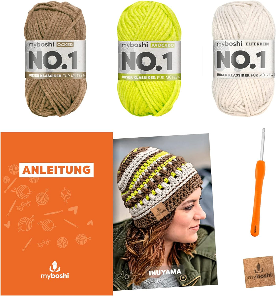 myboshi Häkelset Mütze Inuyama, inkl. No.1 Wolle, Nadel und Anleitung, für Mützen und Schals, Häkelp