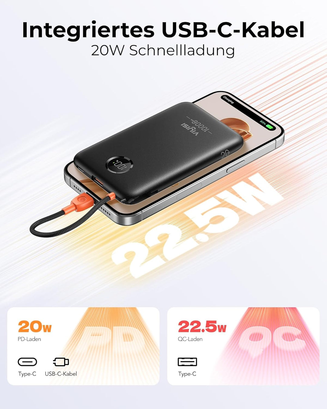 VIYISI Powerbank 10000mAh Ultradünn, 22.5W PD 20W Fast Charge mit Integriertem USB-C Kabel, LED-Anze