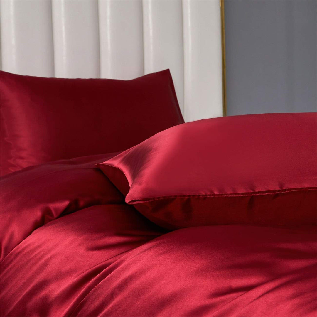 Damier Bettwäsche 155x220cm Weinrot Rot Satin Bettwäsche Set 2 Teilig Satin Uni Deckenbezug 155×220