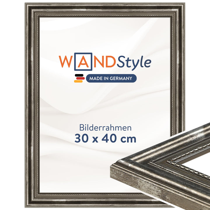 WANDStyle Bilderrahmen Antik 30x40cm I Farbe: Silber I Holzbilderrahmen I Fotorahmen I Silberner Bar
