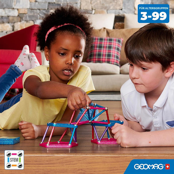 GEOMAG - GLITTER 142 Stück - 100% recyceltes Kunststoff - Magnetisches Bausteinset für Kinder ab 3-4