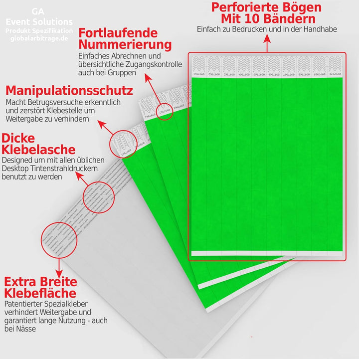 Global Arbitrage Event Solutions 500 Eintrittsbänder aus Tyvek zum selbst gestalten und bedrucken in