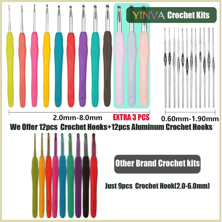 YINVA Häkelset für Anfänger 111 Stück Häkelnadel Set 0.6mm-8mm Ergonomische Häkelnadeln Crochet Set