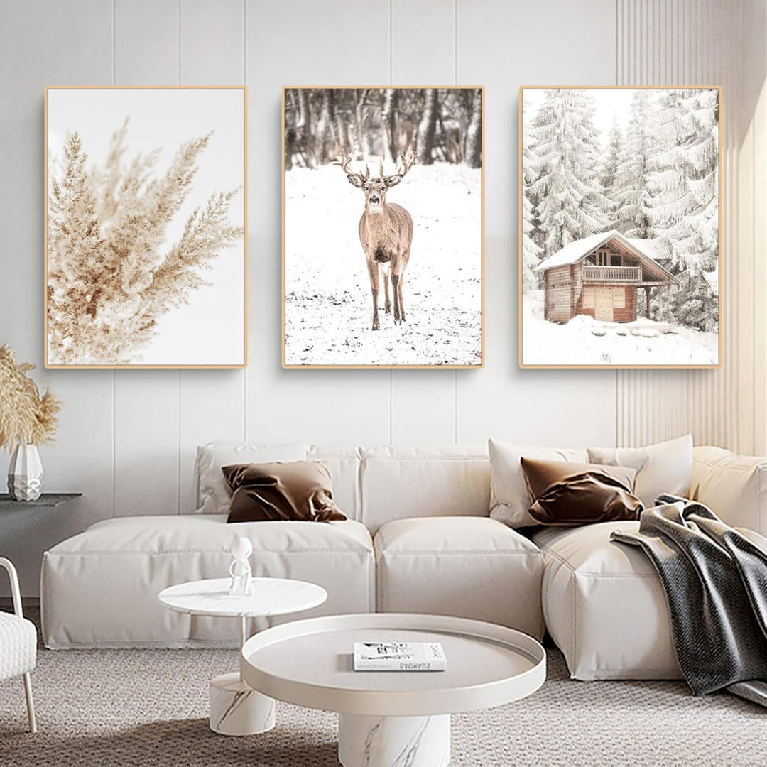 3er Poster Set Moderne Winter Schneelandschaft Wandbilder Bilder,Boho Bilder Set für Wohnzimmer Schl