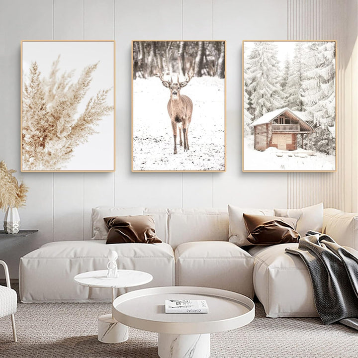 3er Poster Set Moderne Winter Schneelandschaft Wandbilder Bilder,Boho Bilder Set für Wohnzimmer Schl