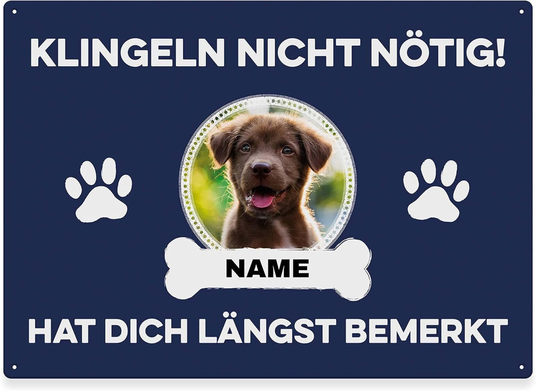 Hunde Schild personalisiert - Klingeln nicht nötig - Metallschild mit Foto und Name für aussen, wett