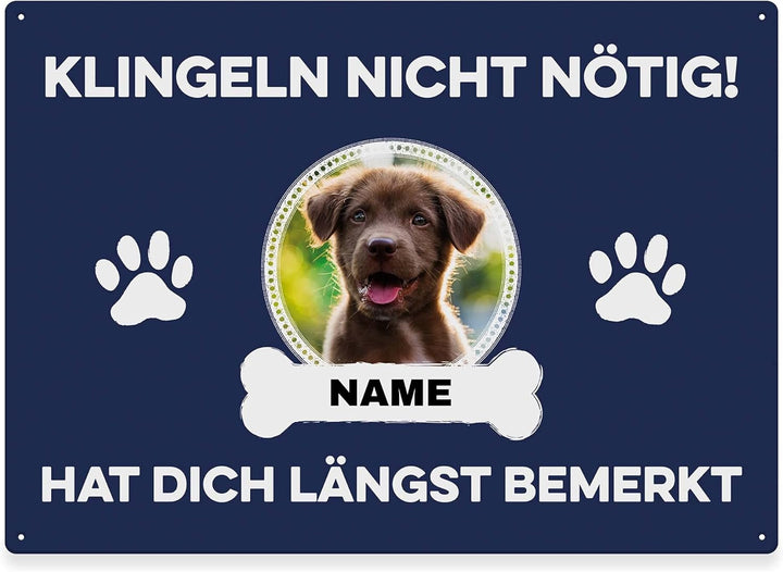 Hunde Schild personalisiert - Klingeln nicht nötig - Metallschild mit Foto und Name für aussen, wett