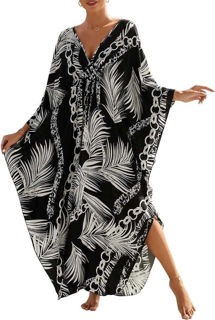 Bsubseach Damen's Print Türkisch Kaftan Beachwear Bikini Cover Up Maxikleid D-schwarzes Laub, D-schw