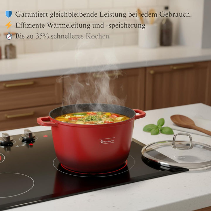 GOLDMANN Modern Rot 24 CM (6.2L) Aluguss-Kochtopf/Suppentopf mit Glasdeckel, Marmor-Keramik-Antihaft