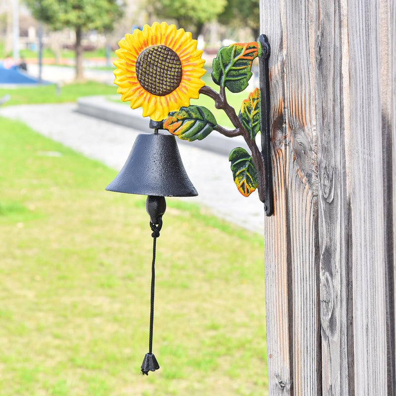 Sungmor Robuste Gusseisen-Wandglocke – dekorative handbemalte, Sonnenblumen-Handglocke – manuell sch