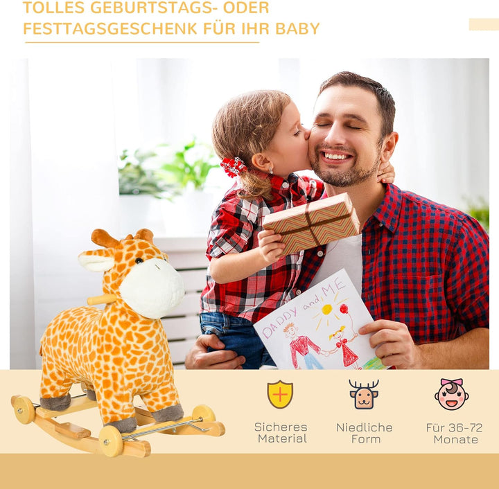 HOMCOM 2-IN-1 Schaukelpferd mit Räder Plüsch Schaukeltier Babyschaukel Spielzeug Gelb 63 x 38 x 63 c