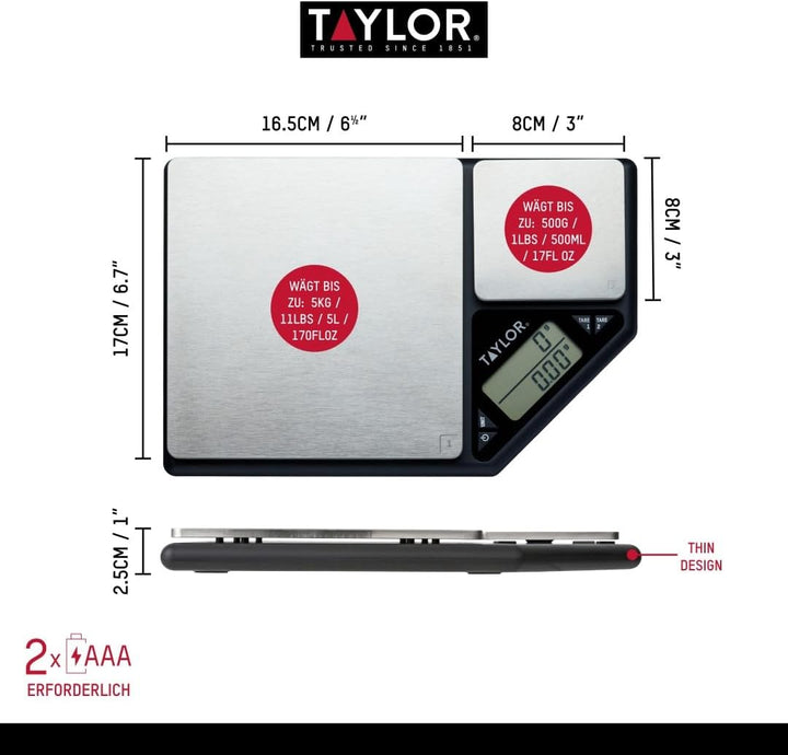 Taylor Pro, Digitale Küchenwaagen für Lebensmittel, Wiegen mit Dualer Plattform, Professioneller Sta