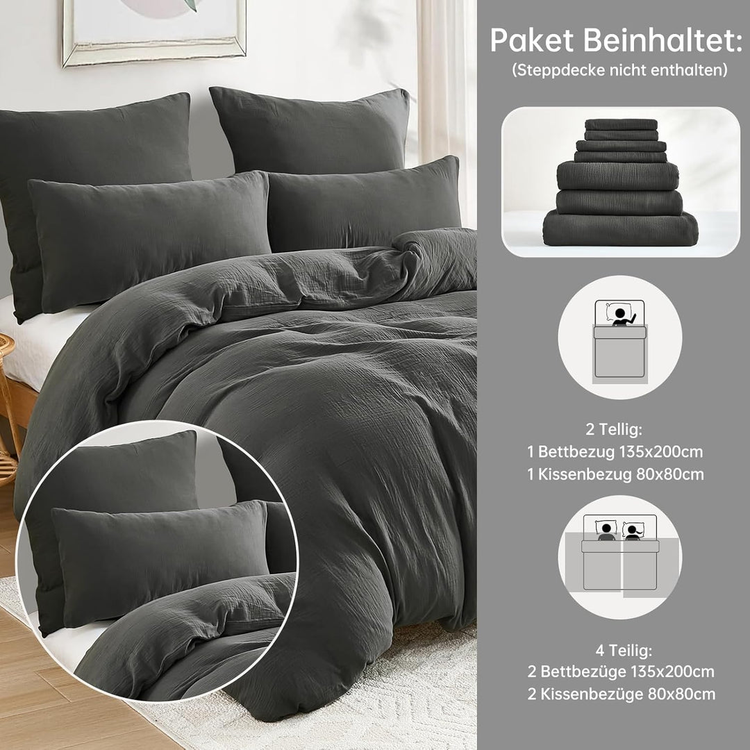 WONGS BEDDING Musselin Bettwäsche 135x200 4 teilig Baumwolle, Bettwäsche-Sets 2er Set Bettbezug mit