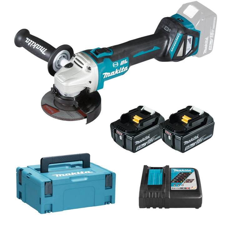 Makita DGA513RTJ Akku-Winkelschleifer 18 V / 5,0 Ah, 2 Akkus + Ladegerät Im MAKPAC mit 2 Akkus + Lad