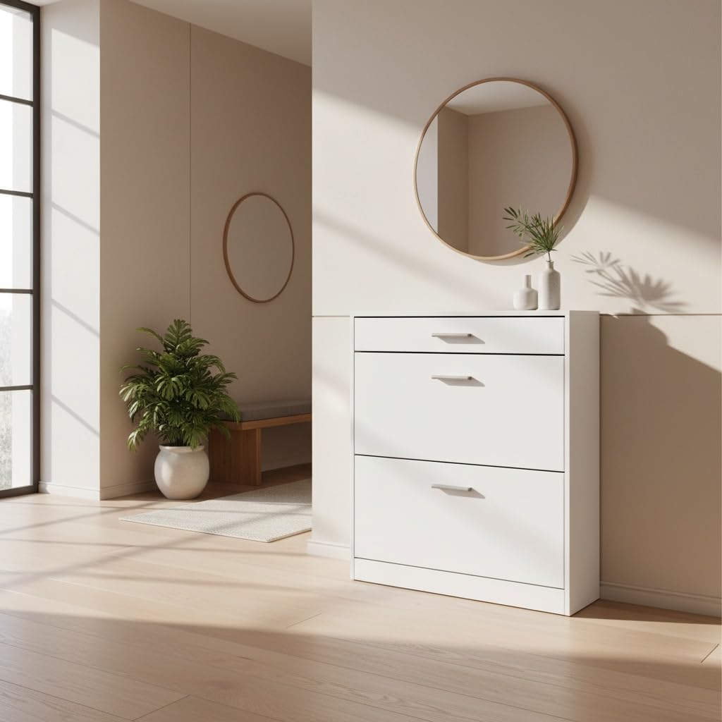 Schuhschrank Roma Schmal mit 2 Klappen und 1 Schublade, Platzsparender Schuhkipper Flurschrank für D