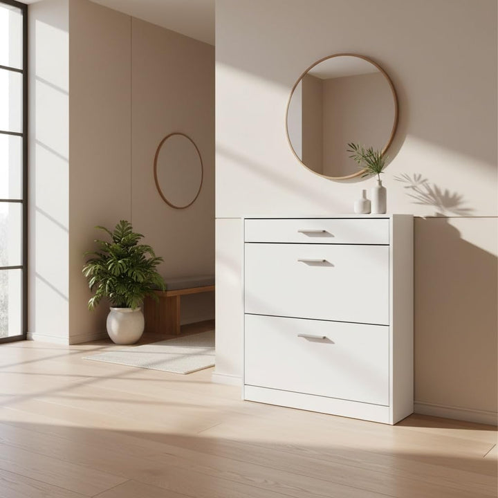 Schuhschrank Roma Schmal mit 2 Klappen und 1 Schublade, Platzsparender Schuhkipper Flurschrank für D