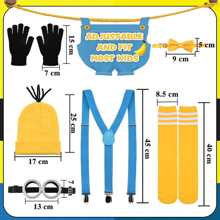 Gelbes Kostüm für Kinder, gelber Hut, gelbe Socken, schwarze Handschuhe, Y-Rücken, Hosenträger, gelb