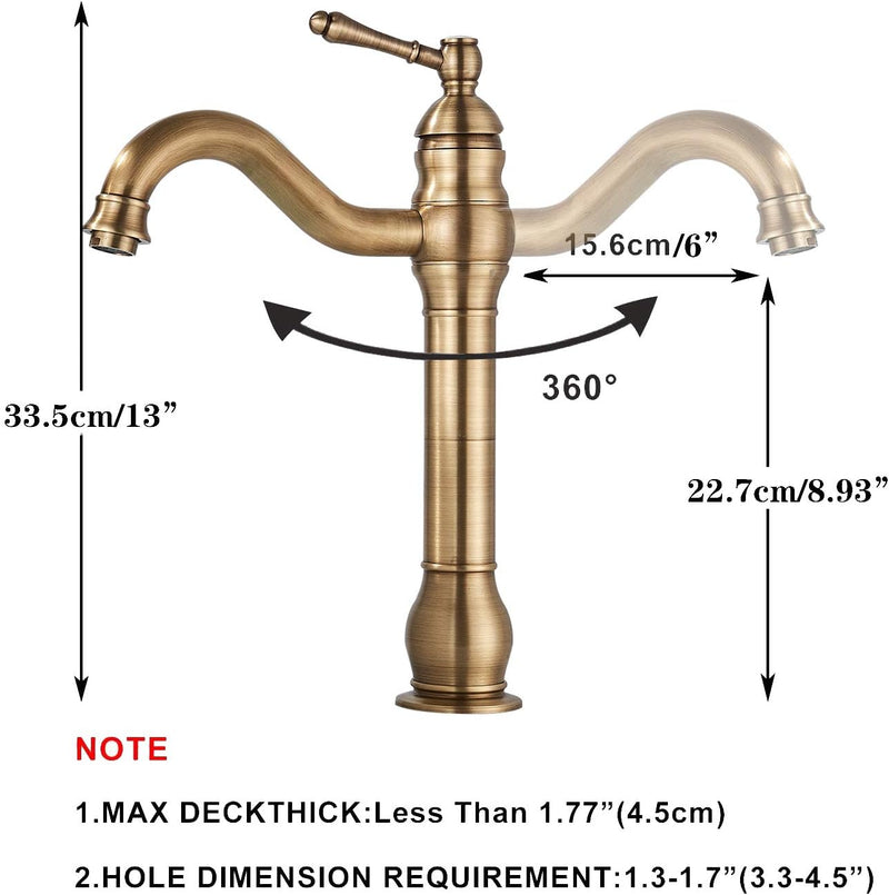 Rozin Wasserhahn Bad Antik Messing Arbeitsplatte Wasserhahn Hoch Waschtischarmatur 360°Schwenkbar Ei