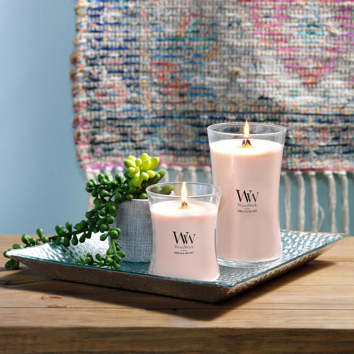 Grosse WoodWick Duftkerze im Sanduhrglas mit knisterndem Docht, Vanilla & Sea Salt, bis zu 130 Stund