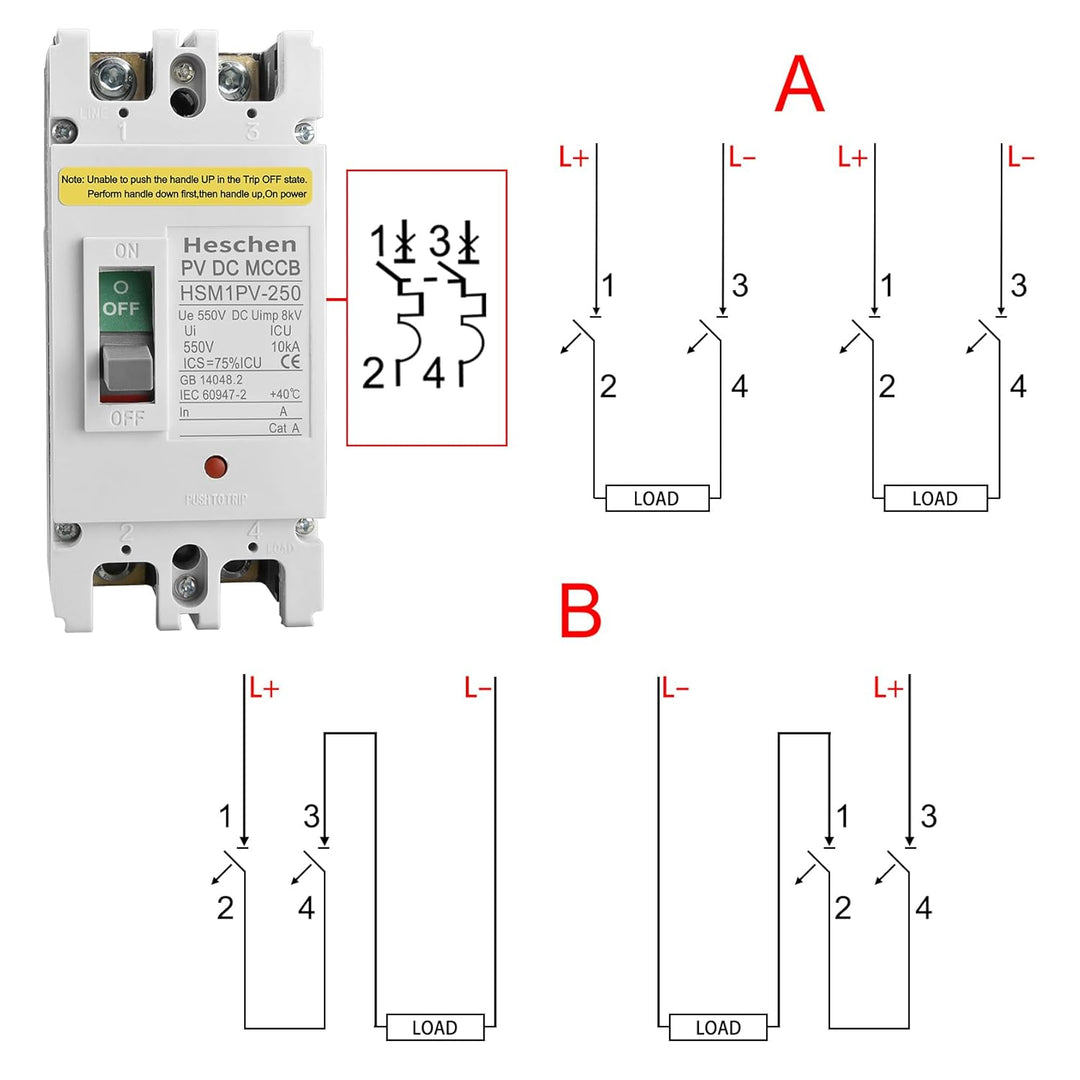 Heschen DC-Leistungsschalter MCCB, HSM1PV-250, 2-polig, DC550V 200A, Photovoltaik-Leistungsschalter,