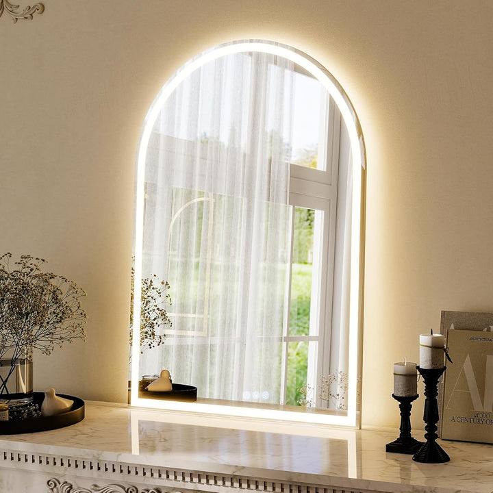Koonmi LED Badspiegel 75 x 50 cm, dimmbar, Antibeschlag | Gewölbter Lichtspiegel mit 3 Lichtfarben,