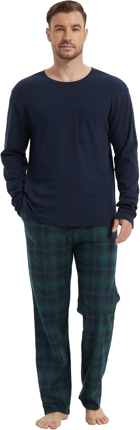 GLOBAL Herren Schlafanzüge Flanell Herren Pyjama Set Baumwolle Langarm-Pullover Oberteil und elastis