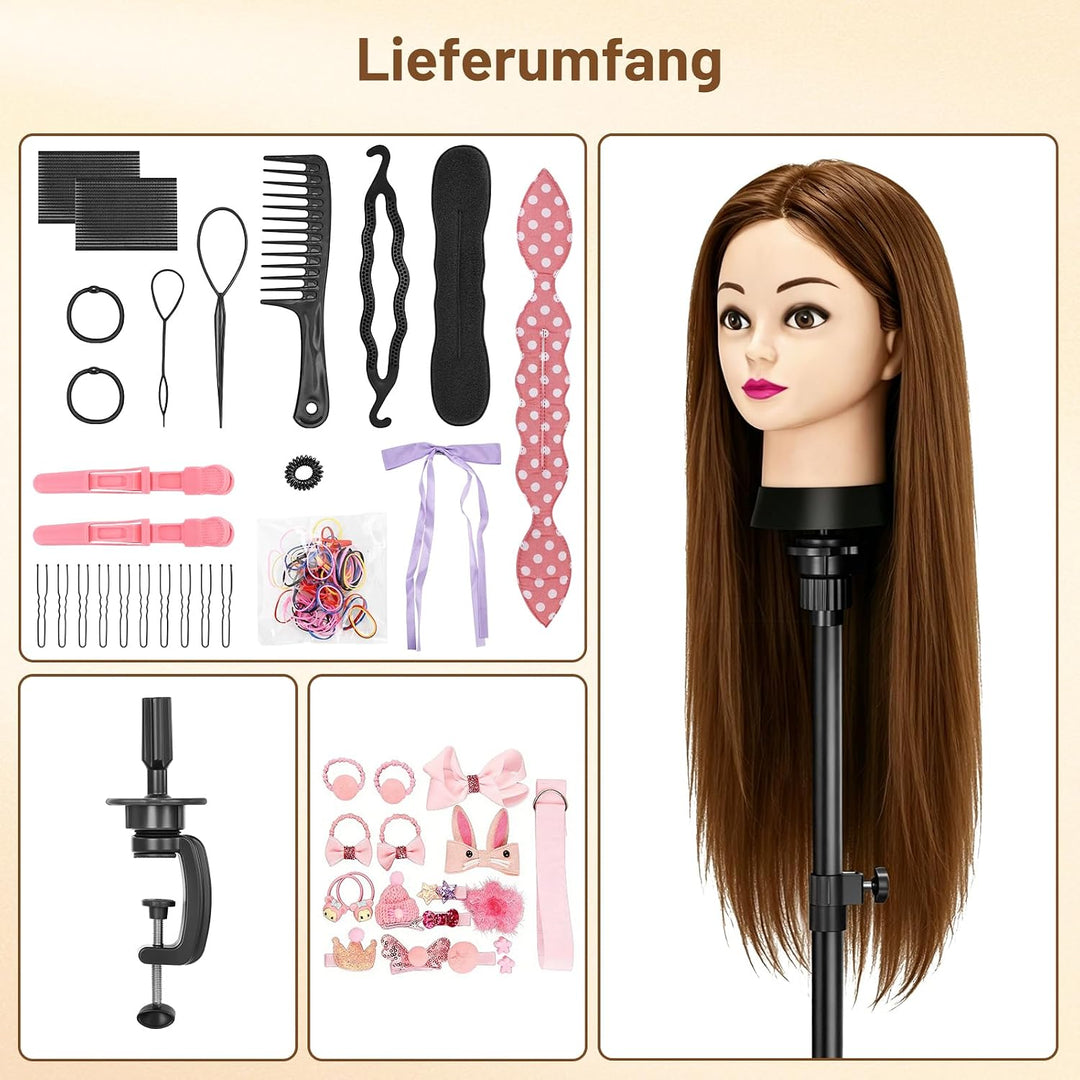 TwoWin Frisierkopf 80% Echthaar, Übungskopf 24 Zoll /60cm Friseurkopf, Trainingskopf für Friseure fü