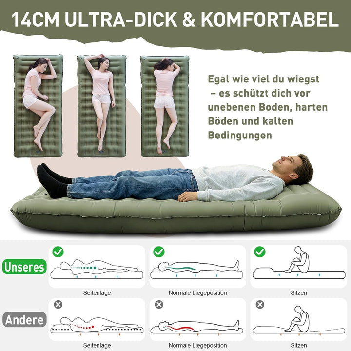 Isomatte Camping, 14CM Verbreitert und verdickt Aufblasbare Matratze mit Eingebauter Fusspresse Pump