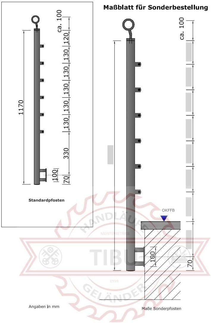 TIBU Einzelner Edelstahl Geländer Handlaufpfosten für seitliche Montage 6 Streben Seitenabstand 70mm