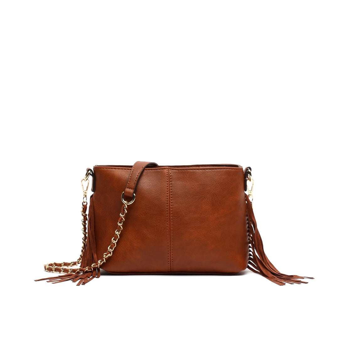 MISAKO Anabela Kleine Umhängetasche mit Fransen Damen - Anabela Kamel 15 X 23 X 9 cm, Anabela Kamel