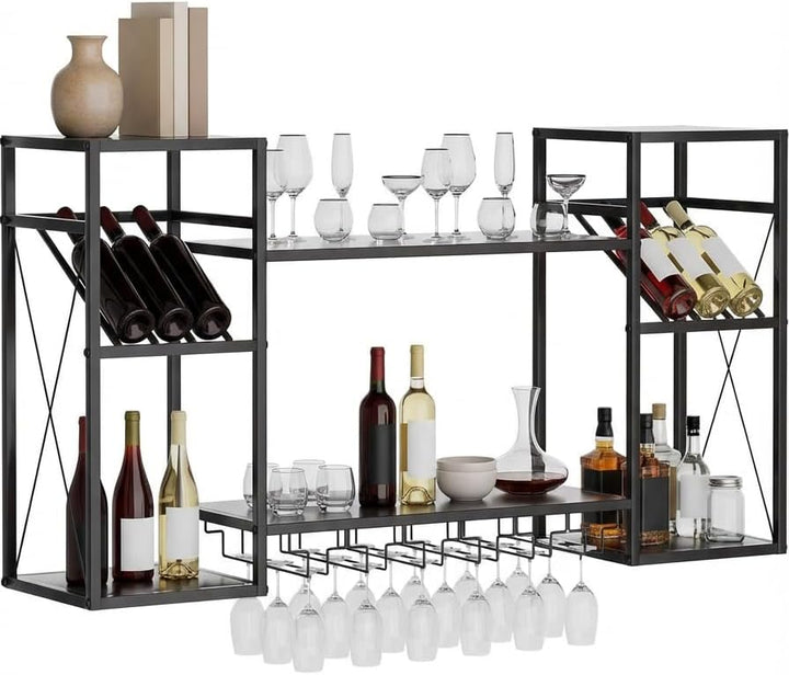 uyoyous 2 Ebenen Metall Weinregal Wand, 48 Zoll Industriell Wandweinregal mit 6 Glashaltern, Barrega