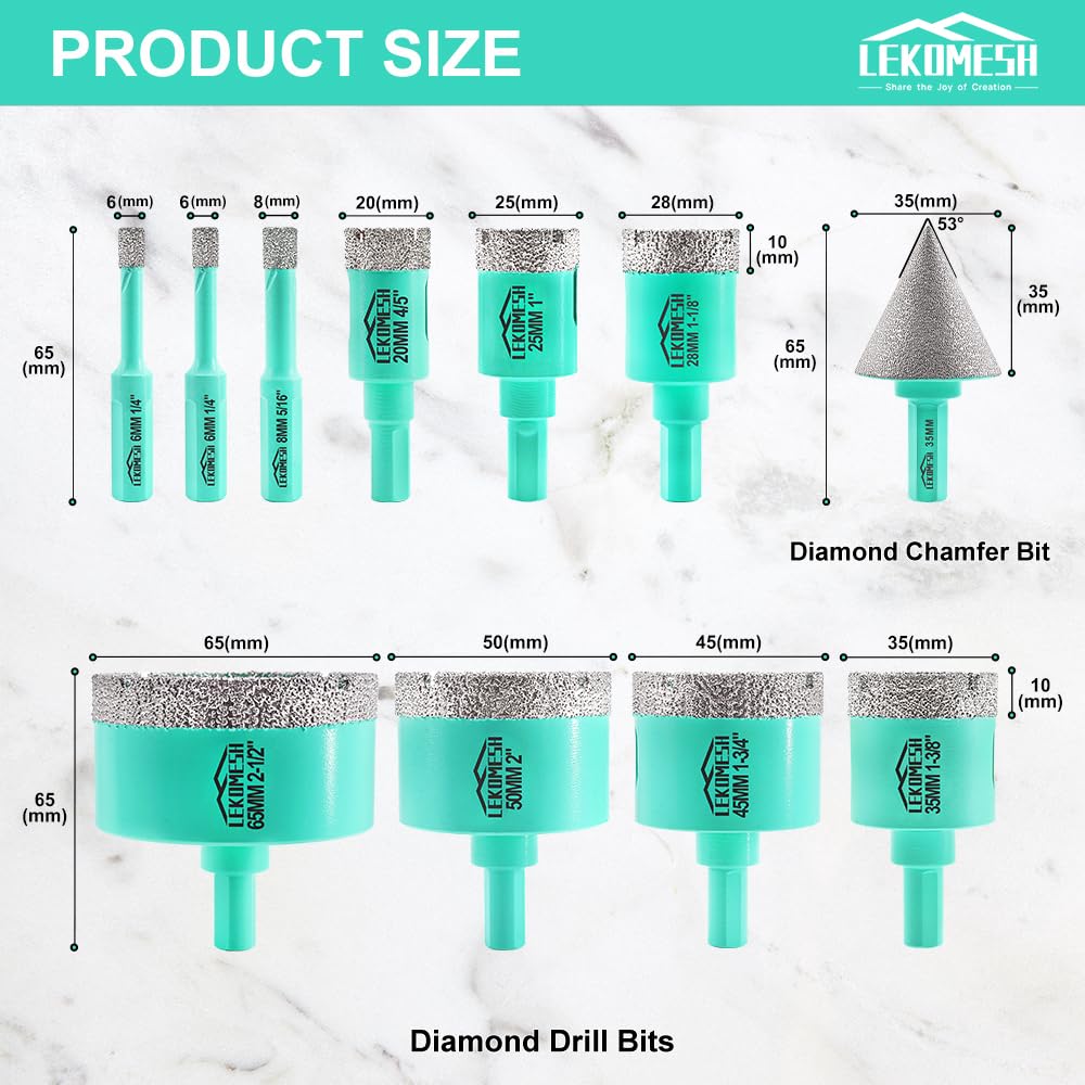 Diamant Bohrkrone Kit - 11pcs (6/6/8/20/25/28/35/45/50/65mm+35mm Diamant Fasenfräser) LEKOMESH Diama