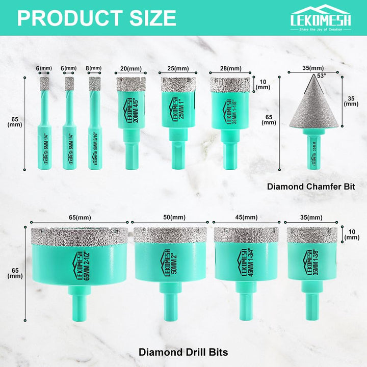 Diamant Bohrkrone Kit - 11pcs (6/6/8/20/25/28/35/45/50/65mm+35mm Diamant Fasenfräser) LEKOMESH Diama