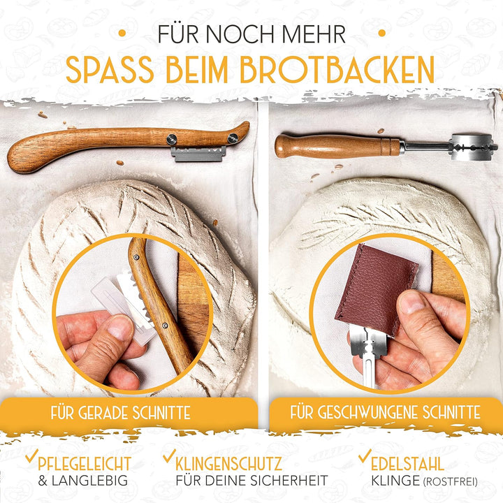 KRUSTENZAUBER Gärkorb zum Brotbacken + Bäckermesser - Set aus 2x Gärkörbchen u. 2x Teigmesser - Brot
