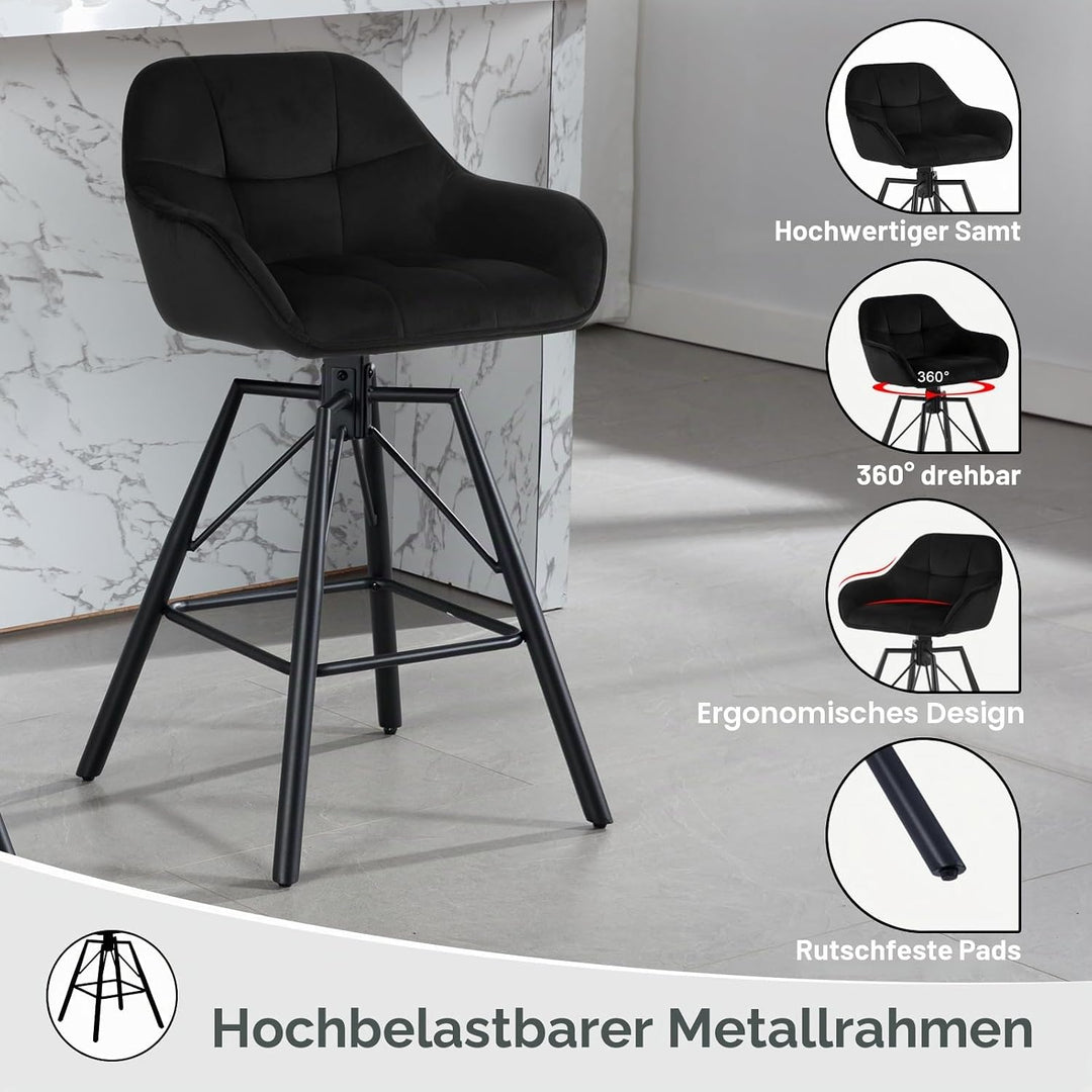 WOLTU Barhocker 2er Set, Barstuhl mit Lehne, Samt, Schwarz | Bistrohocker 360°drehbar, Tresenhocker