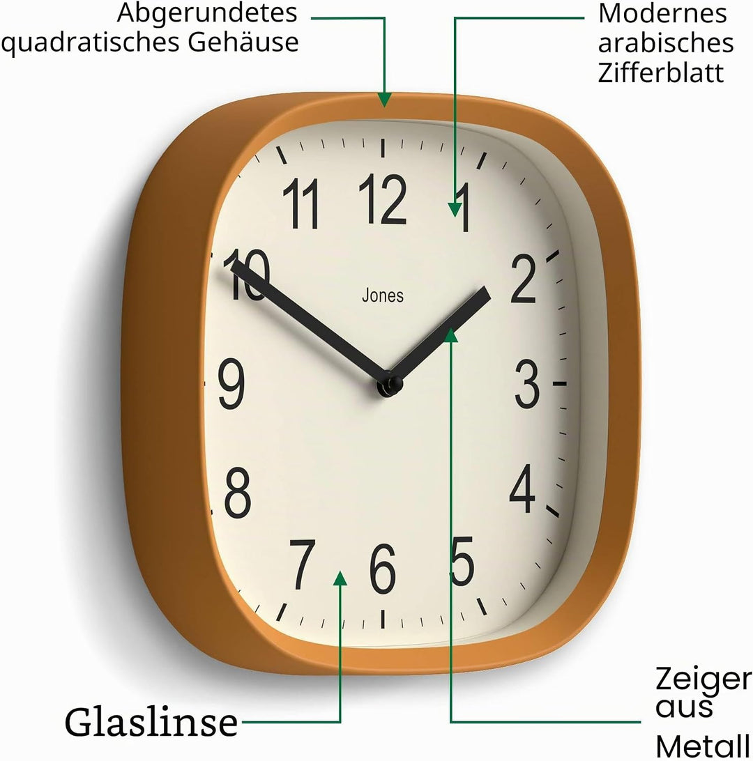 JONES CLOCKS® Sprite wanduhr | Moderne Retro abgerundete quadratische Uhr | 25cm | Senfgelb | Leicht