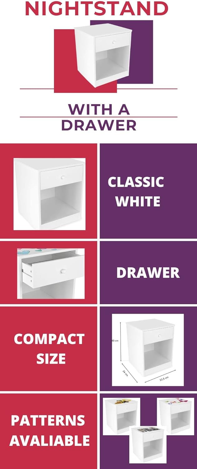 Leomark Nachttisch aus Holz - White Classic - Nachtschränkchen mit Schublade, Nachtschrank für Kinde