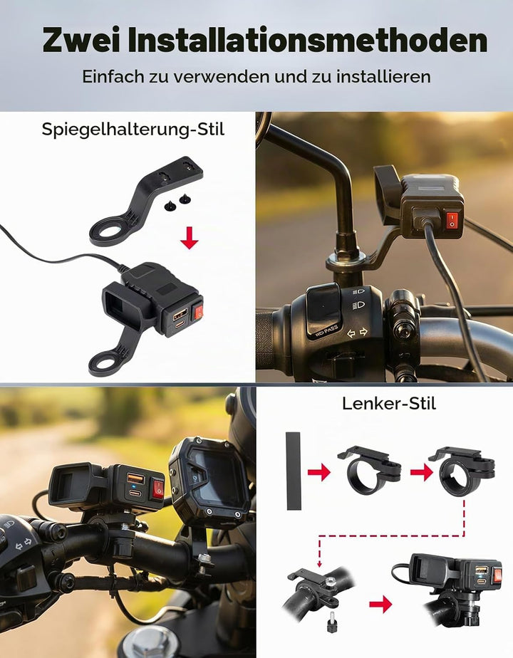 KEMIMOTO Motorrad USB Ladegerät, USB-A Type-C mit EIN/Aus-Schalter und LED-Spannungsmesser, IP66, 2