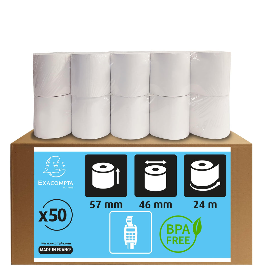 Exacompta 40905DE 50er Pack Thermorollen für EC-Cash Geräte, 1-lagig, Breite: 57mm, Länge 24m, Durch